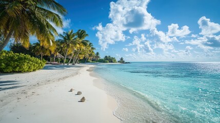 Serene Tropical Beach with Palm Trees and Crystal Clear Water