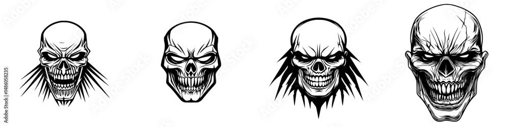 Poster vector illustration of varied skull designs showcasing different expressions and styles in a monochr