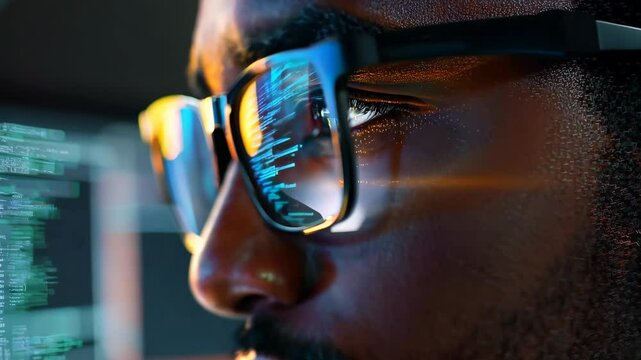 close up of a eyeglasses of programer or hacker to analysis data and coding Ai photo