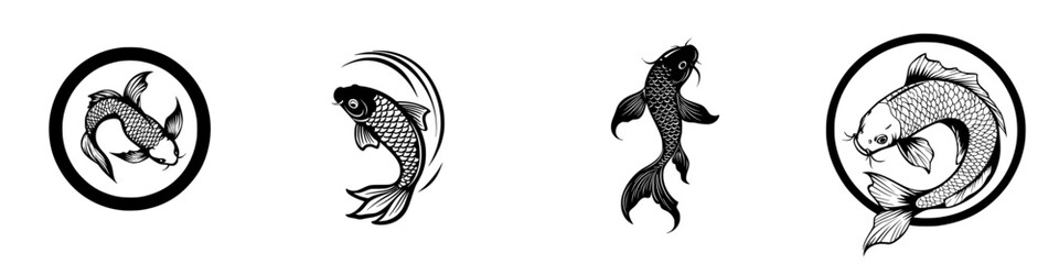 Fototapeta premium Vector illustration of four koi fish in circular designs showcasing different swimming motions and artistic styles