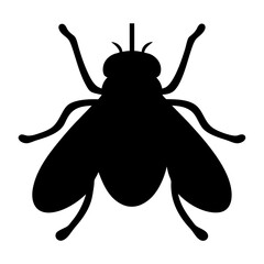 Black silhouette illustration of a common housefly insect isolated on white backdrop