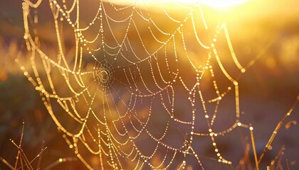 Golden Sunrise Dew Drops On Spiderweb