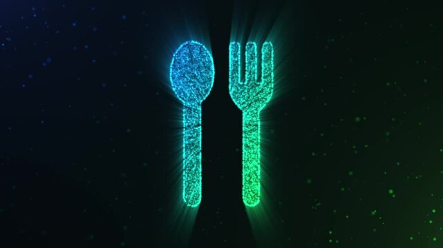 Beautiful illustration of a spoon and a fork glowing against a dark background.