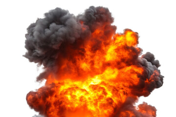 A large explosive cloud with intense orange and red flames against black background