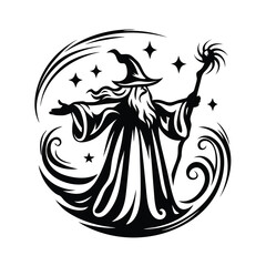 Silhouette Wizard With Staff, Stars, Magic Swirls, Black and White, Fantasy, Mythical