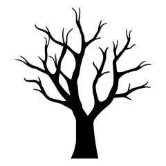 Silhouette of a barren tree against a white background in winter