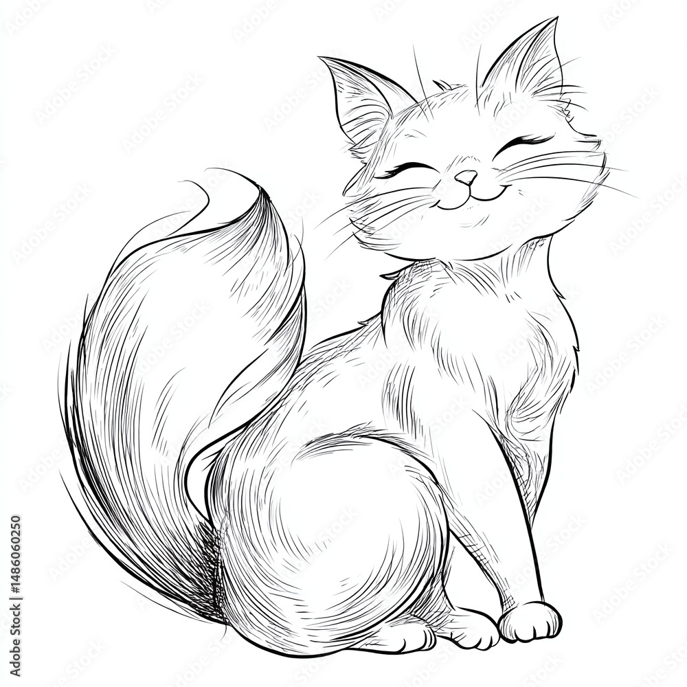 Poster playful sketch of a smiling cat with a fluffy tail, showcasing its joyful demeanor in a simple setti
