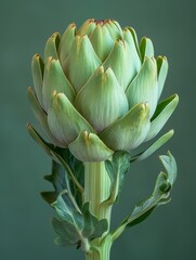 Fototapeta premium studio shot of single artichoke with layered leaves, plain cream background, hyper-realistic style, soft diffused lighting, muted green and beige tones, centered subject 