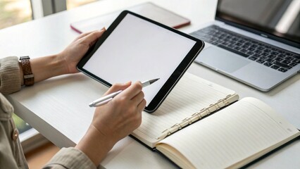 Woman Using Tablet for Note-Taking and Digital Writing