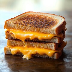 Close-up of a stack of three toasted grilled cheese sandwiches with melted cheddar cheese oozing out and golden brown crusts on a rustic surface