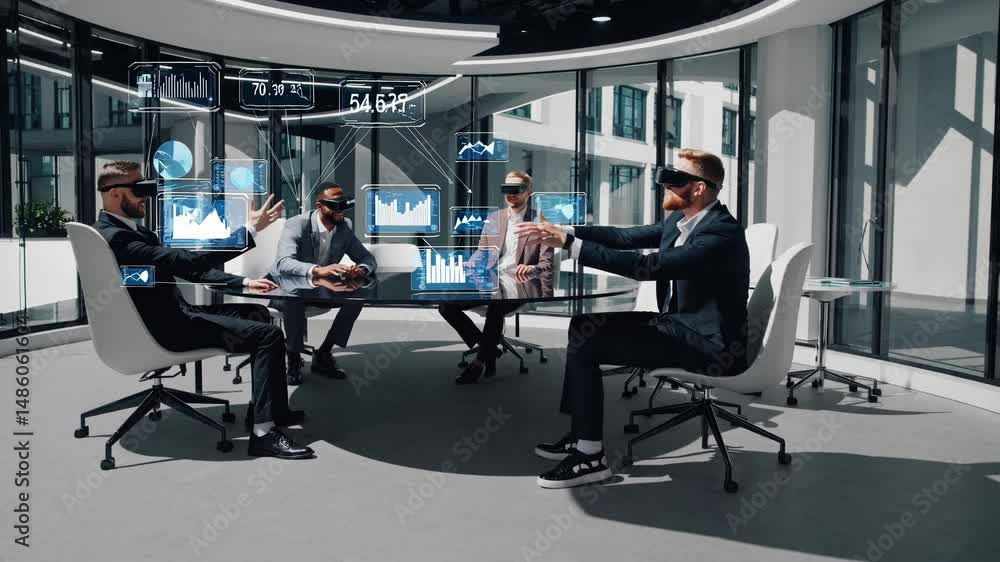 Poster business team using virtual reality headsets in modern office, interacting with virtual dashboards a
