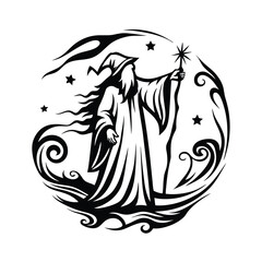 Fototapeta premium Wizard Silhouette Holds Starry Wand, Long Robe, Pointed Hat, Fantasy Circle, Black & White