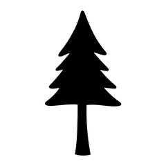 A simple black silhouette drawing of an evergreen tree isolated on white