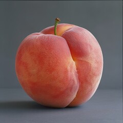 studio shot of single ripe peach with soft fuzz, plain gray background, hyper-realistic style, diffused studio lighting, muted pink and orange tones, centered subject 
