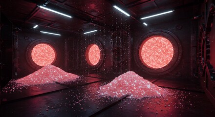 Pink Material Piles in Dark Industrial Room with Glowing Windows