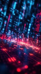 Obraz premium Futuristic digital cityscape with glowing blue and red light patterns representing data streams and technology in a dynamic abstract environment