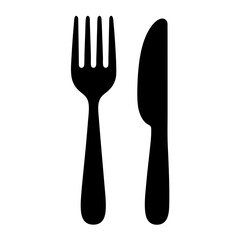 Simple black silhouette of a fork and knife, isolated on white