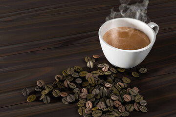 Hot steaming coffee in white cup with roasted beans on wooden surface