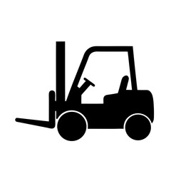 A simple black silhouette of a forklift on a white background