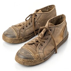 Naklejka premium Worn-Out Vintage Shoes – Scuffed Leather Texture on White Background