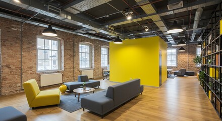 Office Lounge with Brick Wall and Yellow Accent