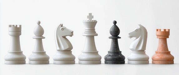 Close-up of seven distinct chess pieces in a row on a reflective white surface including white rook, bishop, knight, king, black bishop, white knight, and orange rook