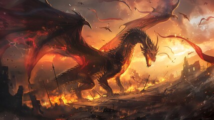 Majestic Dragon Soaring Over Sunset Battlefield

