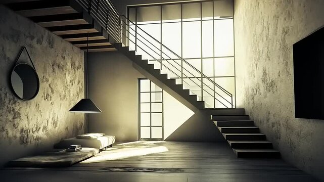Modern minimalist interior showcasing a sunlit staircase and cozy seating area in a stylish home
