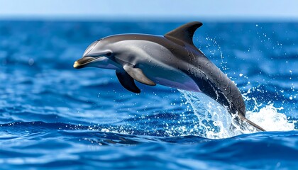 Fototapeta premium Dolphin Leaping From Blue Ocean Water Creating Dynamic Action Scene Sunlight