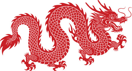 Traditional Red Chinese Dragon Silhouette with Zodiac Symbol and Crawling Details – Celebrating Lunar New Year in Asian Culture
