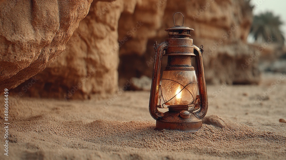 Poster mystical lantern illuminating tranquil beach at dusk with gentle waves and soft shadows creating a s