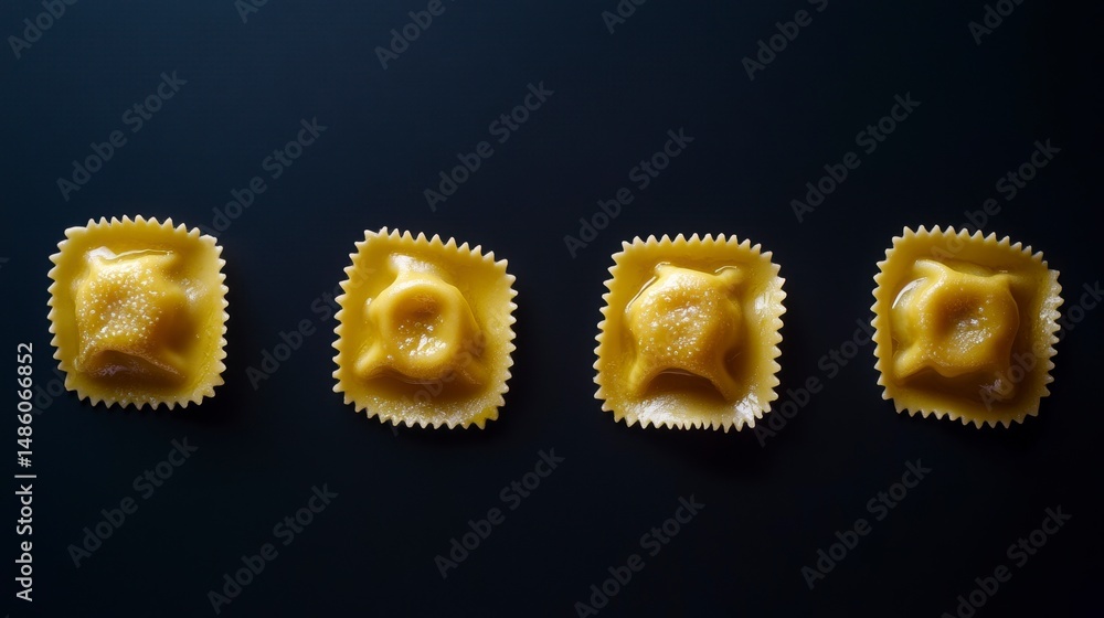 Poster four square pasta pieces arranged in a row on a dark background.