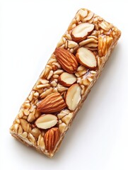 Nut and oat energy bar with almonds and honey on a clean white background