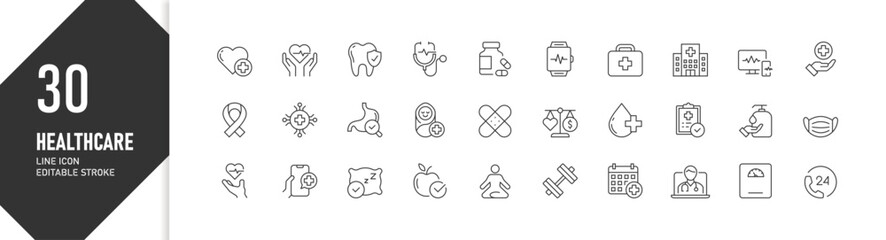 30 Healthcare elements in hospital medical service, editable stroke line icons for UI/UX design, web, app, healthcare icon set