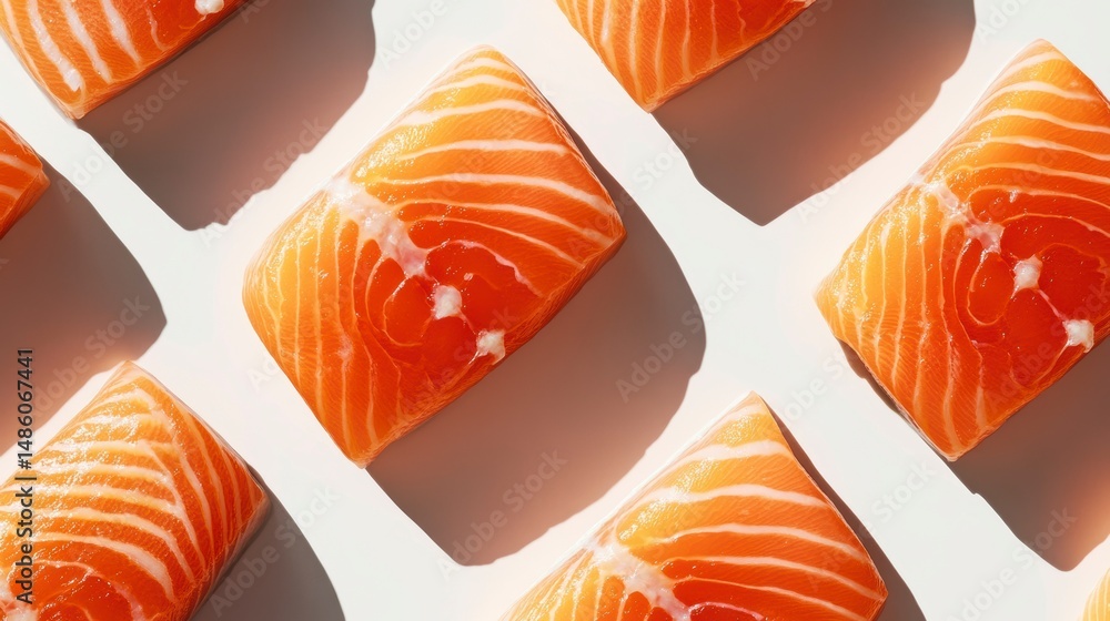 Poster Flatlay of fresh salmon fillet pieces arranged in a repeating pattern on a white background, illuminated by sunlight.