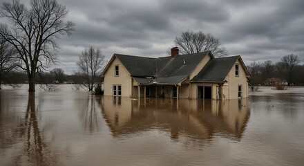Flooded House in Water Under Cloudy Sky