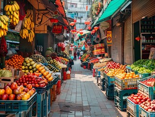 vibrant local market in Asian city, colorful stalls, candid style, bright daylight, vivid red and green tones, wide-angle composition with stalls on left, 
