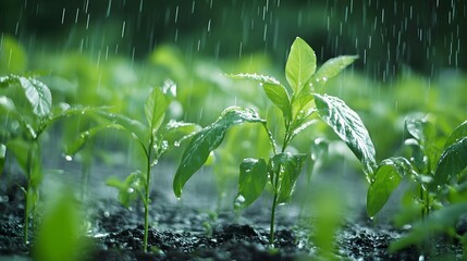 Rain falling over young crops in a rural setting