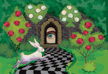 A magical fairy-tale park. A garden with trimmed trees. A running white rabbit. The eye in the keyhole. Fancy background for photos and themed parties