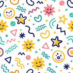 Whimsical, colorful pattern with simple shapes and happy faces