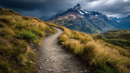Winding path leading towards a spectacular mountain in under dramatic clouds and vast wilderness