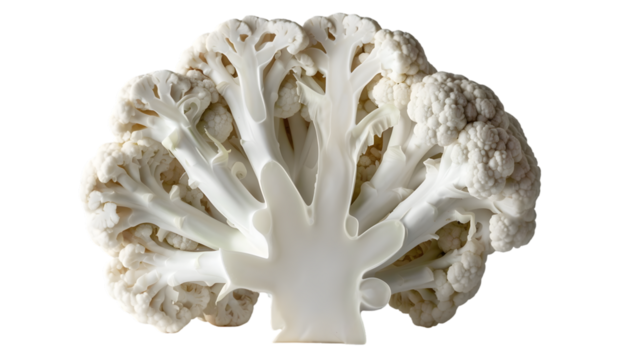 A close up shot of a half cut cauliflower showing its internal structure on a transparent background
