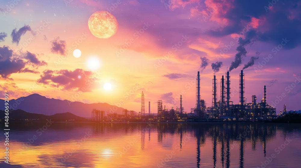Poster cyber-tech overlay reveals the hidden data network within an operational plant under moonlight