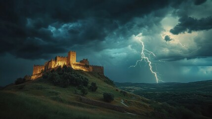 Stormy night at castle on hill