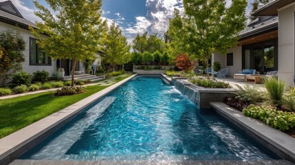 Fototapeta premium Luxury lap pool with cascading waterfall feature, lush landscaping, and modern architecture