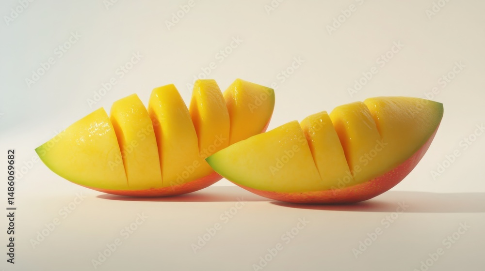 Poster sliced mango in a vibrant combo, a refreshing mix of cuts isolated on a pristine white background fo