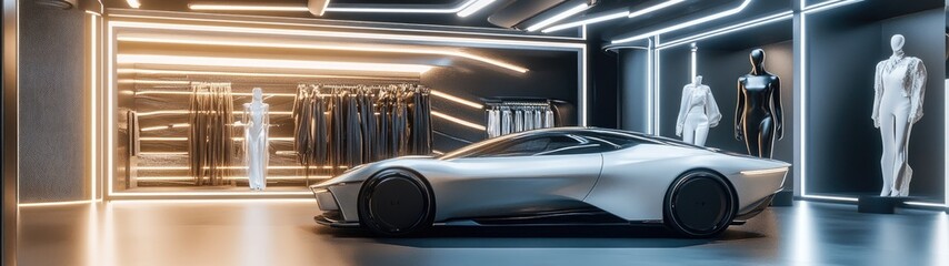 Fototapeta premium Luxury sports car in a modern showroom with mannequins displaying fashion apparel.