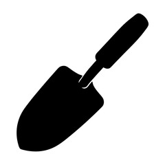 Minimalist black silhouette of a gardening trowel against a white background