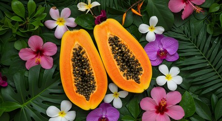 Papaya Fruit Cut in Half with Flowers and Leaves