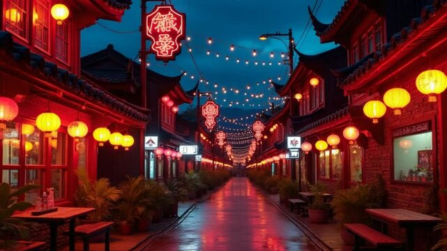 heavenly neon lights make this Asian village feel like paradise after sunset